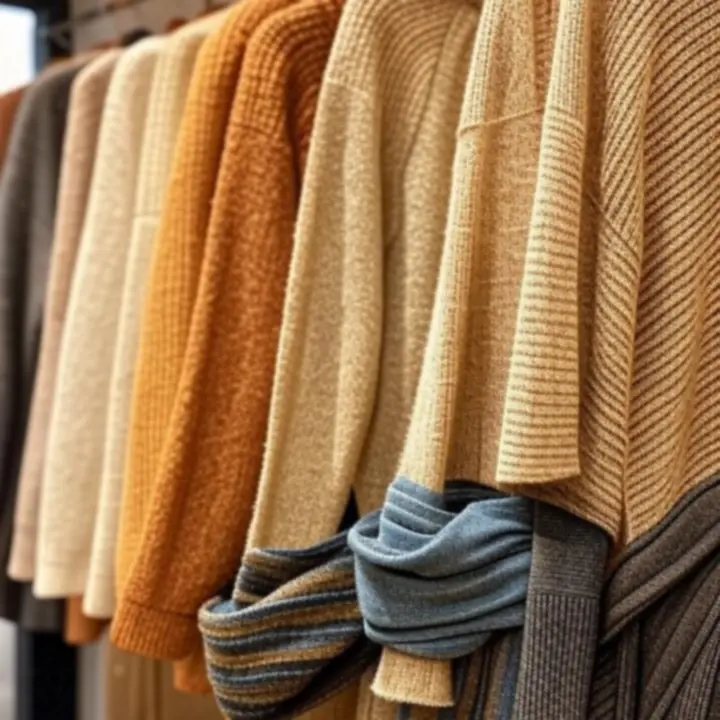 Nowoczesne swetry i kardigany ułożone na miękkim tle