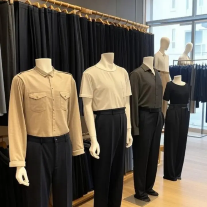 Wyselekcjonowana kolekcja spodni ułożona w nowoczesnej aranżacji stylizacyjnej.