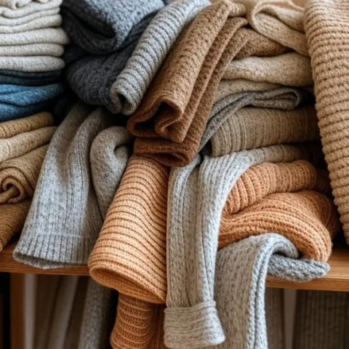 Galeria produktów dzianinowych prezentująca różne kolory i faktury