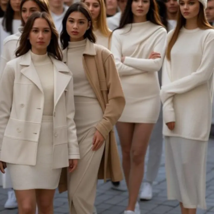 Modelka i model prezentują sezonowe kolekcje odzieży na neutralnym tle